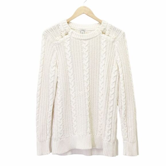 LL Bean Ivory Cable Knit Sweater Button Shoulder Fisherman Pullover Size Medium - Picture 4 of 15